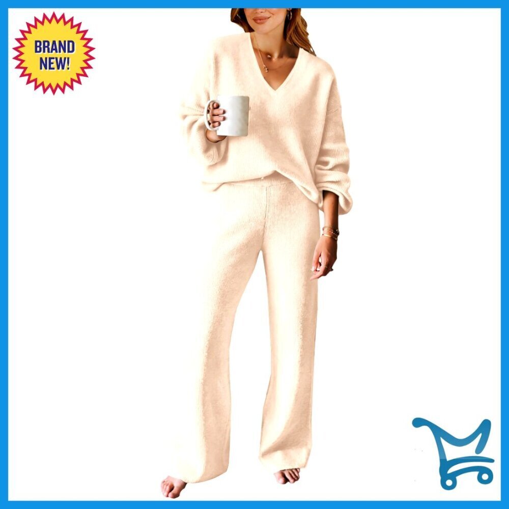 Cable Knit Sweater Set Loose Fit Lounge Wear Wide Leg Pants Matching Outfit